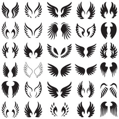 Fototapeta premium Collection of diverse black wing silhouettes and graphic designs for logos and emblems on a white background