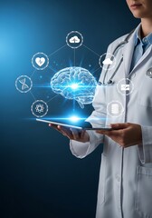 Doctor holding tablet with digital brain and medical icons