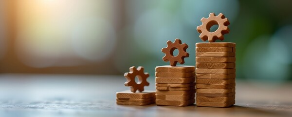 sme entrepreneur, stacking gear icons in ladder shape, operational growth identity, modern photo, macro with soft blur