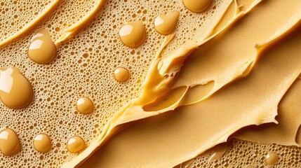 Close-up of a honeycomb with a layer of honey on it. the honeycomb is made up of small hexagonal cells, and the honey is a golden yellow color.