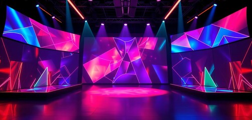 Sleek, neon-lit stage with geometric projections,  graphic,  backdrop