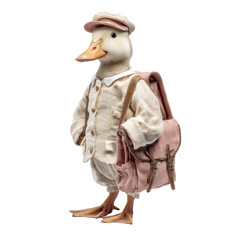 A cute white duck stands upright dressed in a beige suit cap carrying a pink satchel Transparent background