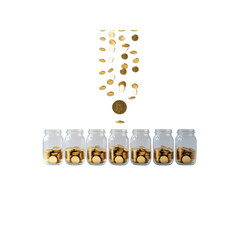 Bitcoin and Gold Coins Falling into Glass Jars - Financial Growth and Investment Concept