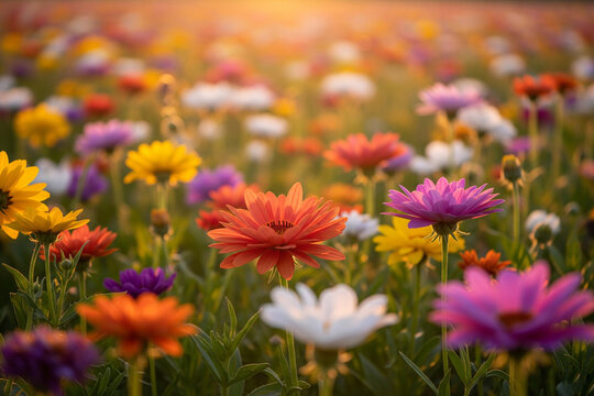 Vibrant Wildflower Meadow at Sunset A Stunning Display of Colorful Blooms