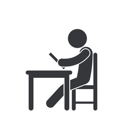 Isolated pictogram of a person sitting at a desk reading a book, symbolizing education, studying, knowledge, and academic learning environment.