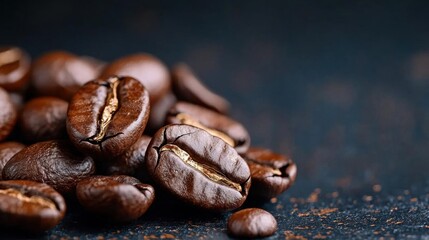 Fototapeta premium Pile of coffee beans on a dark blue background. the beans are dark brown in color and appear to be freshly roasted. they are arranged in a scattered manner, with some overlapping each other.
