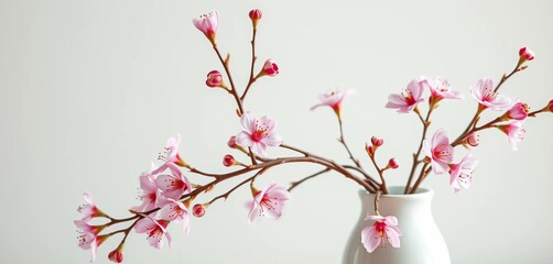 Delicate pink blossoms, thorny stems, pristine white vase,  macro,  floral arrangement