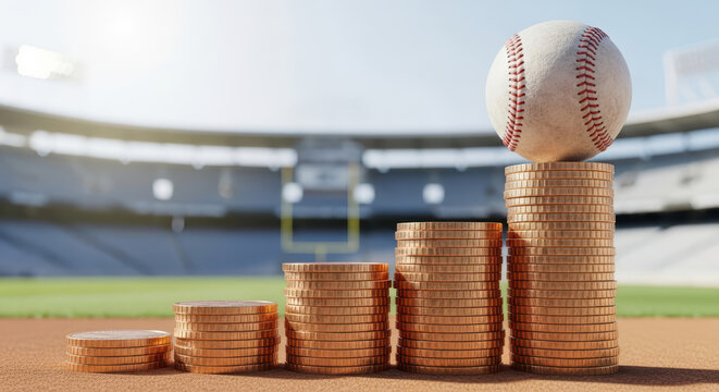 Rising cost of professional sports and athlete salaries concept with growing stacks of bronze coins in a baseball stadium topped with a baseball - Powered by Adobe