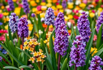 Fototapeta premium Vibrant Easter hyacinth flower bed, colorful blooms close-up, spring background, beautiful