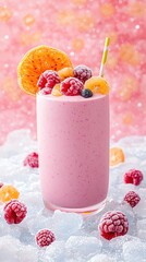 Fruit Smoothie with Fire and Ice Contrast, tropical smoothie with warm tones set against an icy textured background, dual light tone setup for dramatic appeal