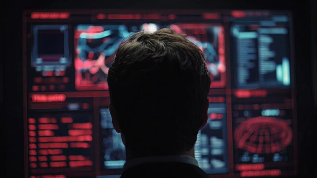Man analyzing futuristic red digital interface with biometric data and surveillance information in dark room.