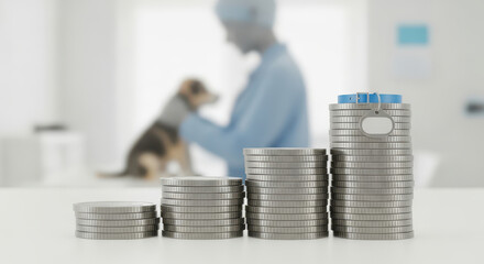 Rising cost of veterinary care and medical treatment for pets concept showing a vet examining a dog with increasing silver coin stacks on a table