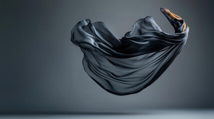 Naklejka premium Black fabric flying in the air against a dark grey background. the fabric appears to be flowing in a way that creates a sense of movement and energy.