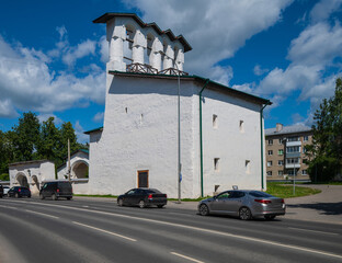 Belfry of the Church of Cosmas and Damian from the bridge, Pskov, Russia
