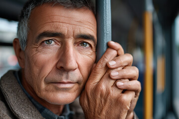 Mature man with gray hair is thoughtfully resting his hands on a pole in a public transport setting, reflecting a moment of contemplation and introspection