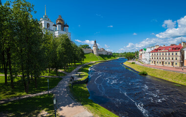 Beautiful landscape of the Pskova River with the Holy Trinity Cathedral, Pskov, Russia