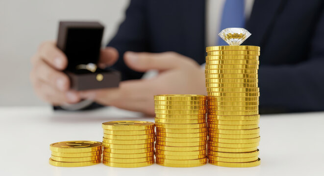 The high cost of marriage and diamond engagement rings concept with a person proposing next to rising stacks of gold coins representing the expense