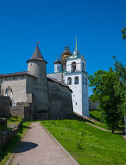 Landscape with the Great Clock Tower and the belfry of the Holy Trinity Cathedral of the Pskov Kremlin, Russia