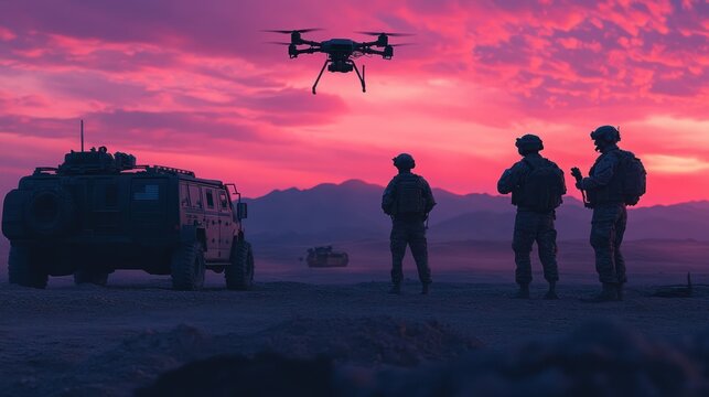 Crimson Dawn: Military personnel with unmanned aerial vehicle in operational desert setting