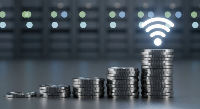 Increasing price of internet connectivity and wireless technology services concept with rising coin stacks and a Wi-Fi symbol in a server room