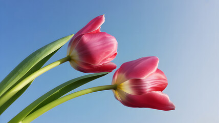 Naklejka premium Two vibrant pink tulips reaching towards a clear blue sky on a sunny day