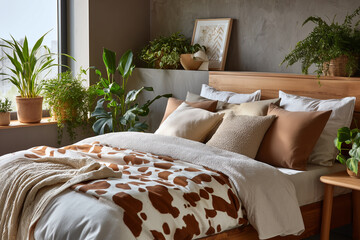 Cozy bedroom interior featuring a wooden bed with patterned bedding, decorative pillows, and lush green plants
