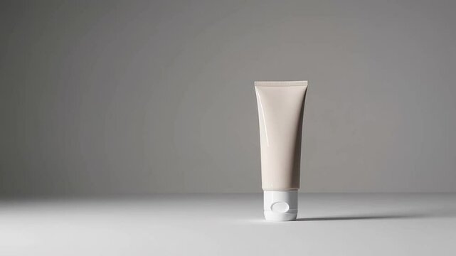 Minimalist skincare product tube with white cap resting on white surface, highlighting clean design against soft gray backdrop in neutral, elegant styling
