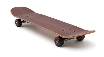Wooden Skateboard with Brown Deck and Black Wheels Isolated on White Studio Background