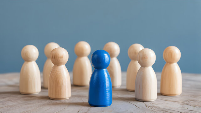 One blue wooden figure stands out from a group of light wooden figures