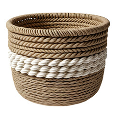Woven rope basket with natural and white stripes isolated on transparent background