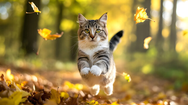 Playful tabby cat leaping through autumn leaves in a sunlit forest