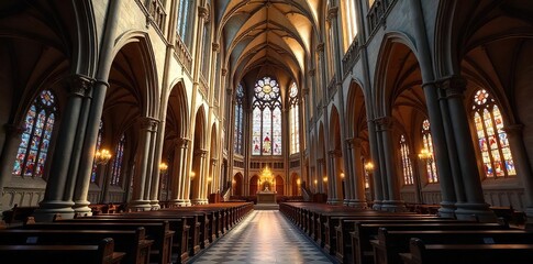 Obraz premium Majestic Gothic Cathedral in France Soaring Arches, Intricate Stone Carvings, and Illuminating Stained Glass Windows create an awe-inspiring spiritual sanctuary.