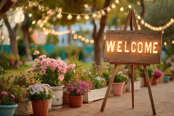 Wooden welcome sign illuminated with warm lights stands amidst vibrant flowers and greenery