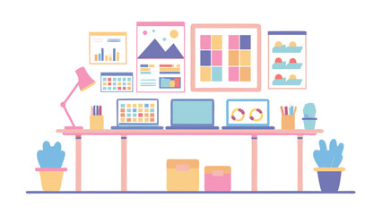 Fototapeta premium A flat illustration of a desk with three laptops, plants, and wall decorations in a workspace