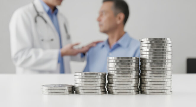 Rising cost of medical consultation and healthcare services concept with a doctor and patient in an office with growing stacks of silver coins on the desk - Powered by Adobe