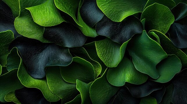 Close-up of a group of green leaves. the leaves are arranged in a random pattern, with some overlapping each other. the veins of the leaves are visible, creating a textured appearance.