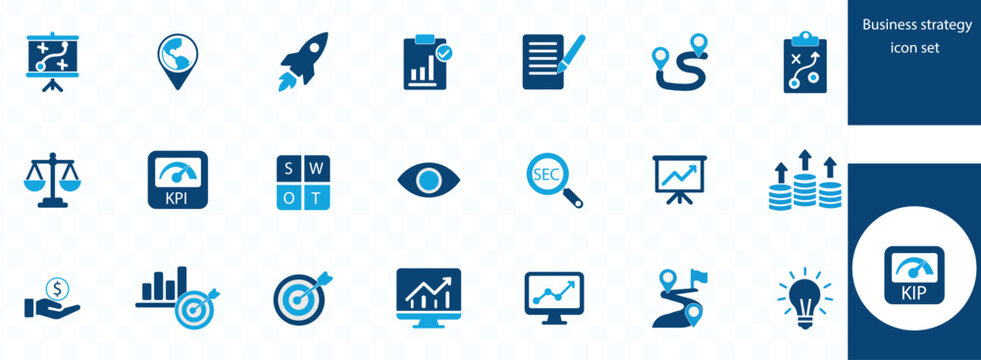 Business strategy icon set. Goal, vision, mission, planning, roadmap, business model, tactics, SWOT, competitive advantage
