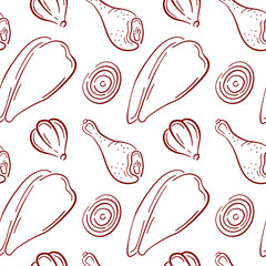 Seamless pattern with chicken drumstick and fillet, garlic and onion in line art style on white background. Perfect for butcher shop delivery packaging, cooking book and culinary design.