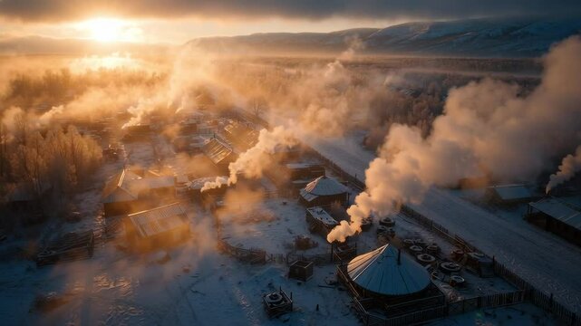 cinematic wide shot of a village with wooden dachas and smoke rising from chimneys, golden hour light in winter