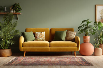 Stylish yellow sofa adorned with decorative cushions, positioned against a green wall, surrounded by lush plants
