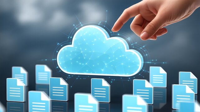 Human finger interacting with a glowing digital cloud surrounded by document icons