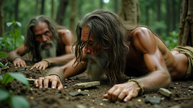 Neanderthals resting in the forest after a successful hunt in a prehistoric landscape
