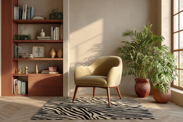 Cozy interior scene featuring a stylish armchair on a zebra-patterned rug