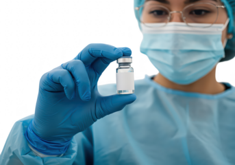 A healthcare worker holds a vial of vaccine isolated on transparent background