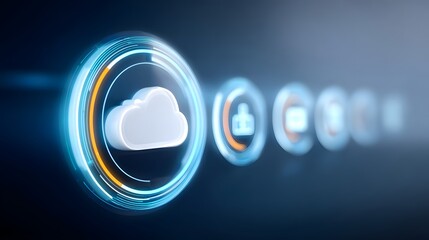 Obraz premium A digital cloud icon surrounded by glowing futuristic interface elements representing cloud computing and data connectivity.