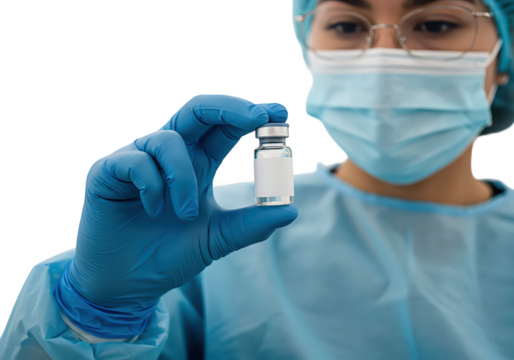 A healthcare worker holds a vial of vaccine isolated on transparent background - Powered by Adobe