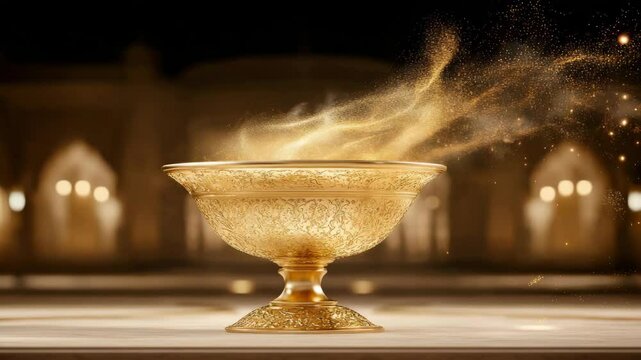 An opulent gold goblet emanates ethereal particles within a palatial setting. Capturing an atmosphere of mystique and ancient luxury.