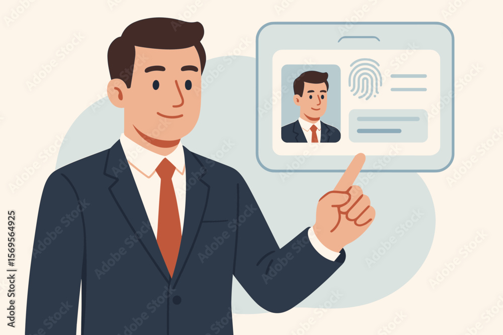 Poster businessman pointing to digital id card on virtual screen. biometric authentication with fingerprint