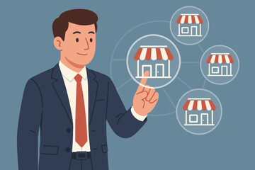 Businessman managing a franchise network, touching a store icon on a virtual interface. Concept of retail chain expansion, business growth, and corporate strategy. Flat vector illustration.