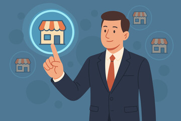 Franchise business concept. Businessman touching virtual screen, choosing to open a new store. Small business expansion, retail growth, entrepreneurship, and store chain network.